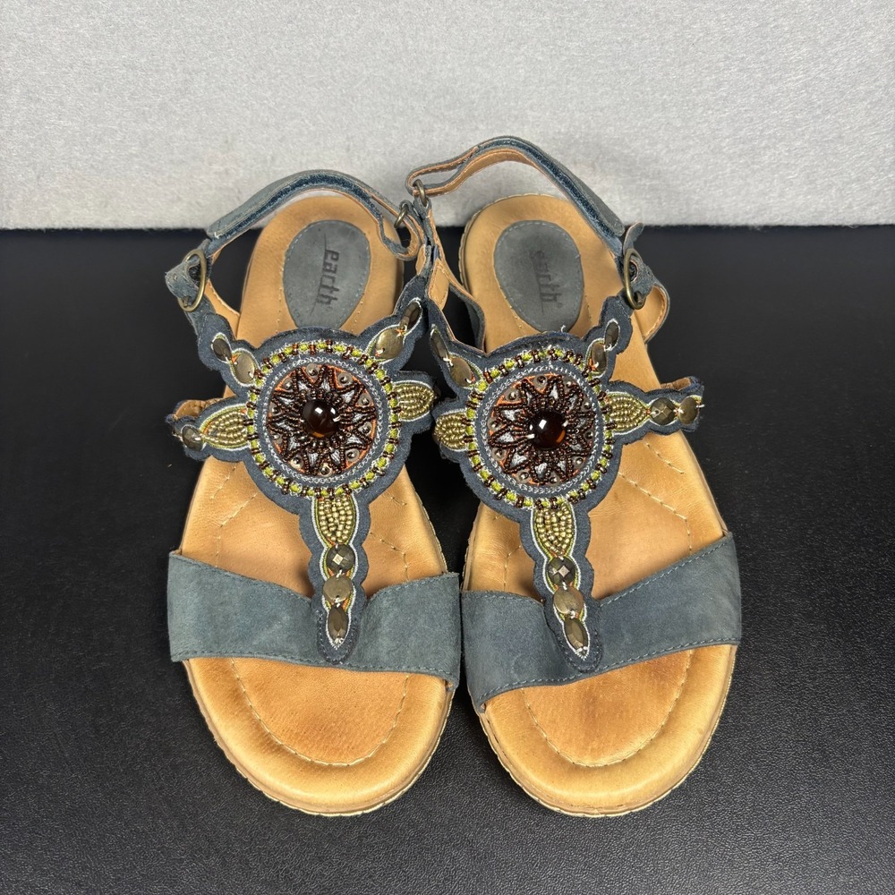 Earth Sunbeam Moroccan Blue Beaded Medallion Sandals Womens 8B Leather T-Strap